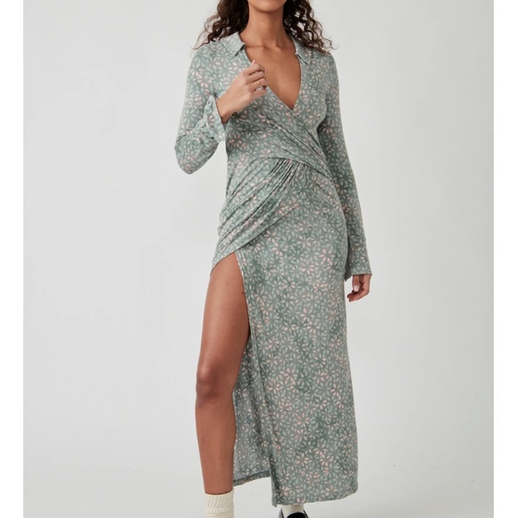 NWT FREE PEOPLE SHAYLA WRAP MIDI DRESS IN MINT COMBO long sleeves - M - Picture 6 of 16